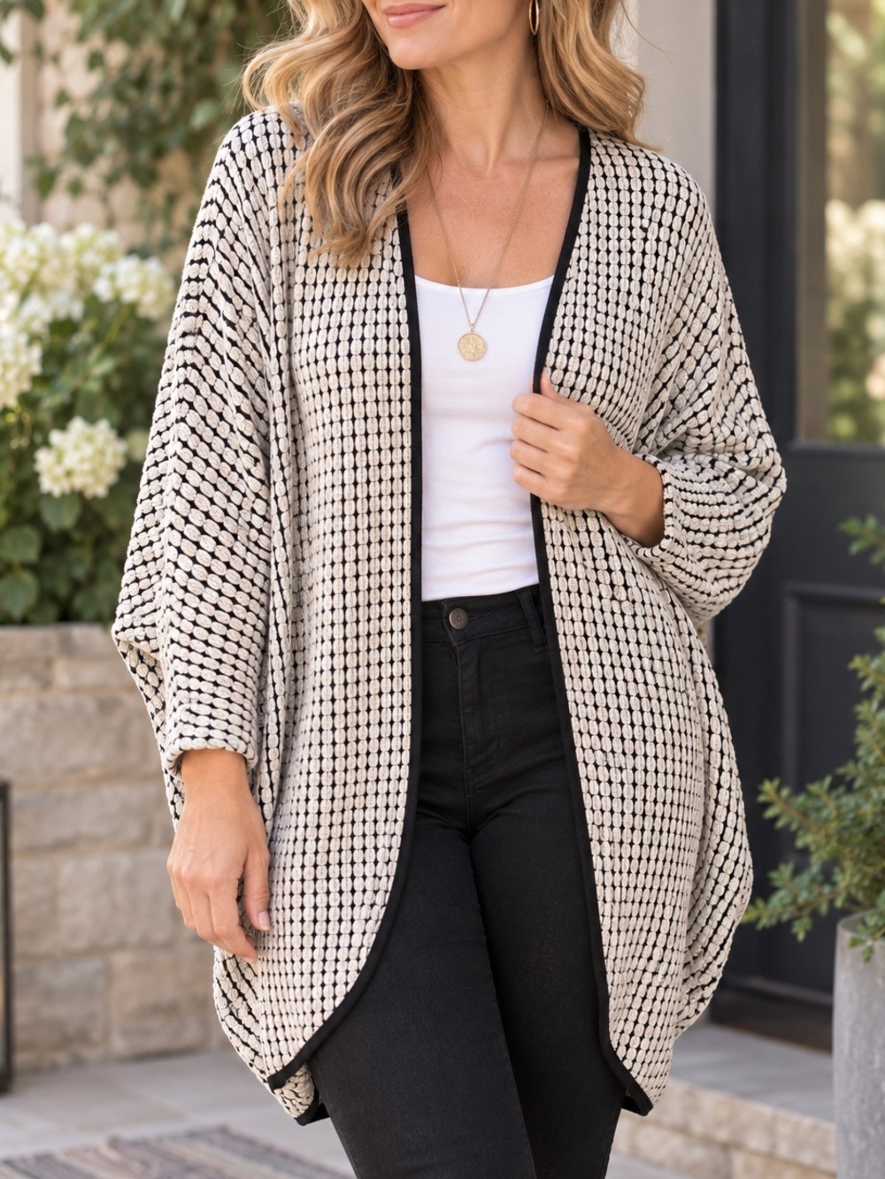 Double Zero Black White Textured Knit Cocoon Cardigan Kimono Size Large